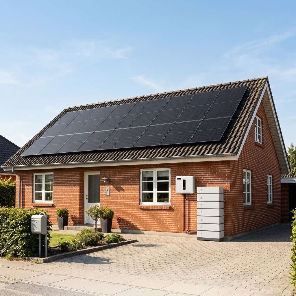 hus med paneler og batteri
